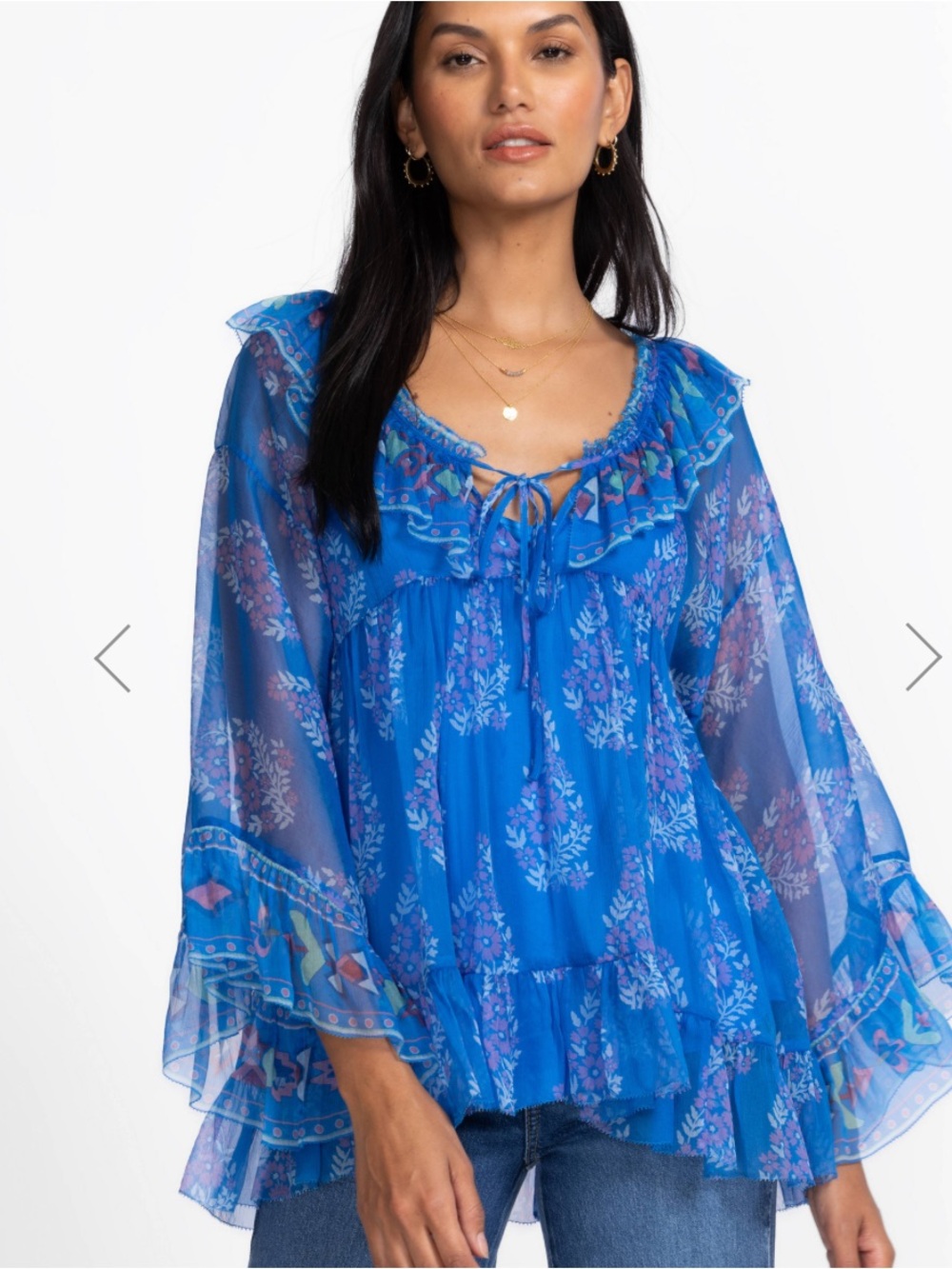 New Johnny Was Sheer Blue Floral Ruffled Boho Blouse size XS 100% silk